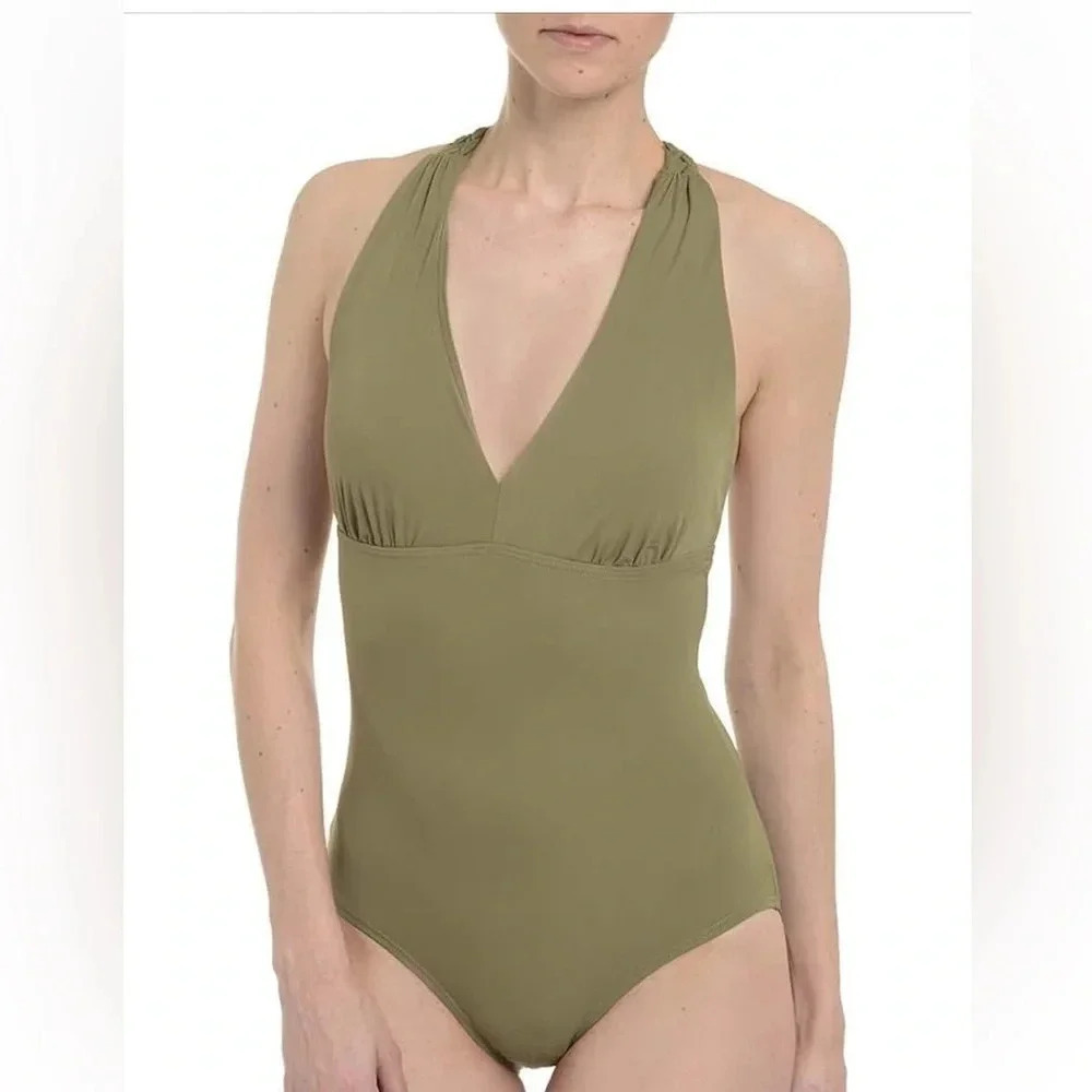 Spanx Olive Green 1 Pc Swimsuit Bathing Suit V Neck Braided Strap Sz 10 NWT